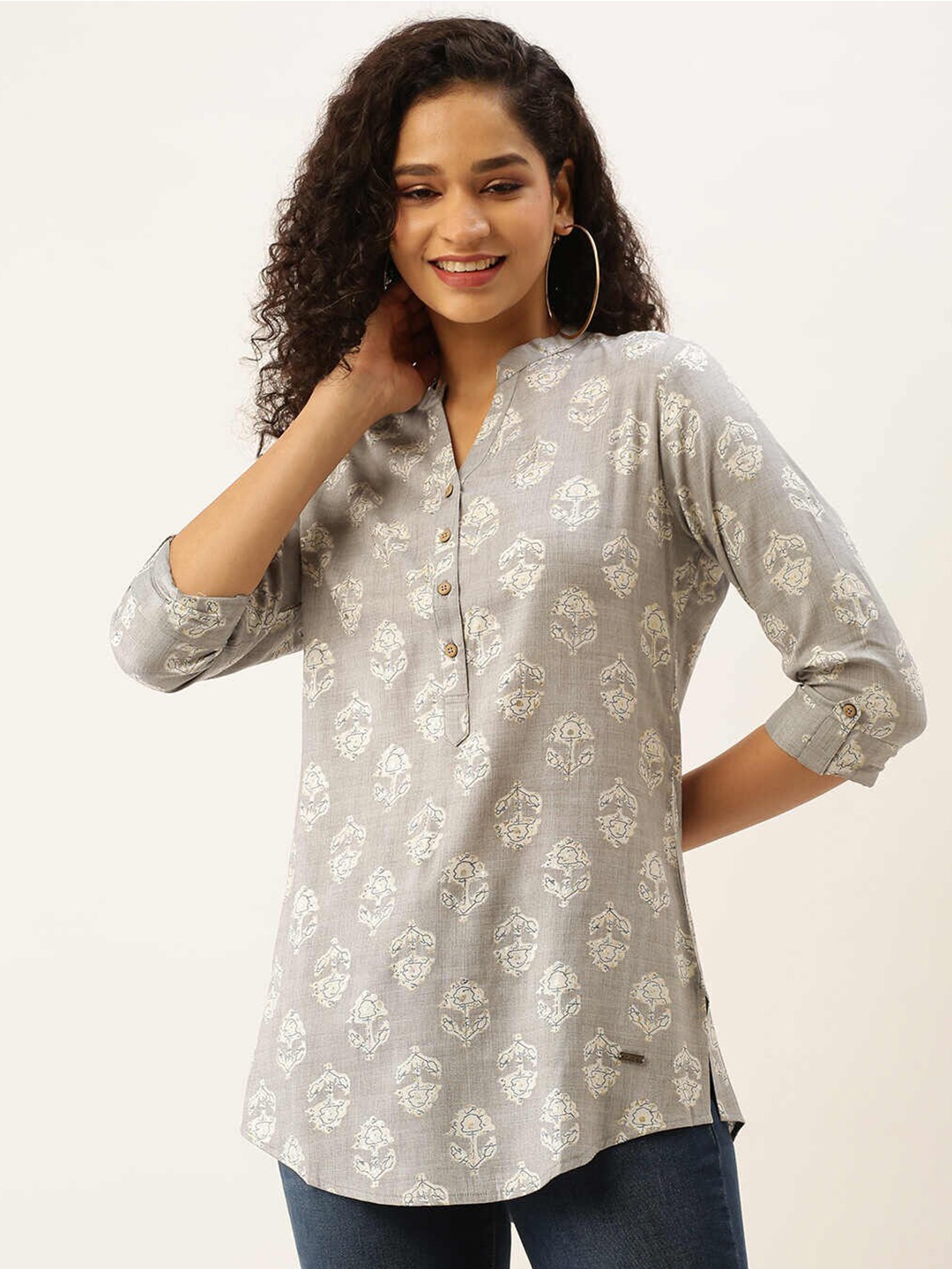 

ZOLA Viscose Rayon Mandarin Collar Printed Tunic, Grey