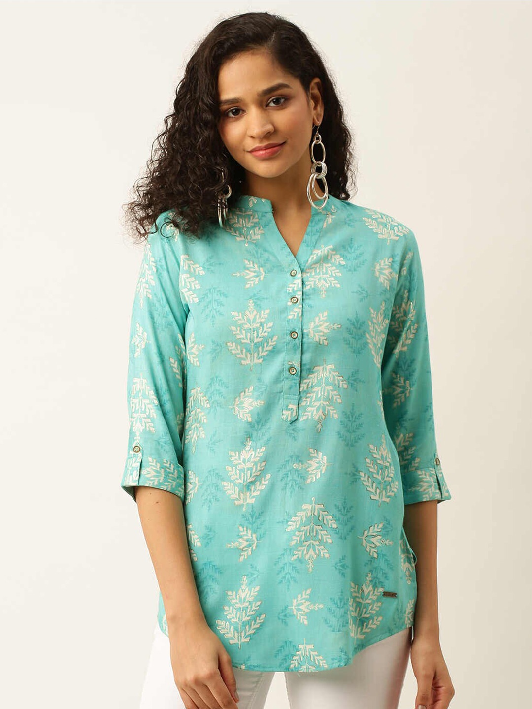 

ZOLA Viscose Rayon Mandarin Collar Printed Tunic, Turquoise blue