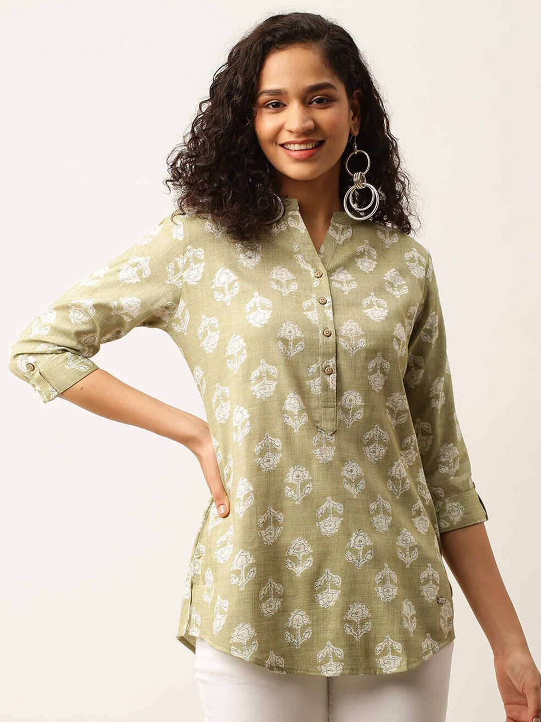 

ZOLA Viscose Rayon Mandarin Collar Printed Tunic, Green