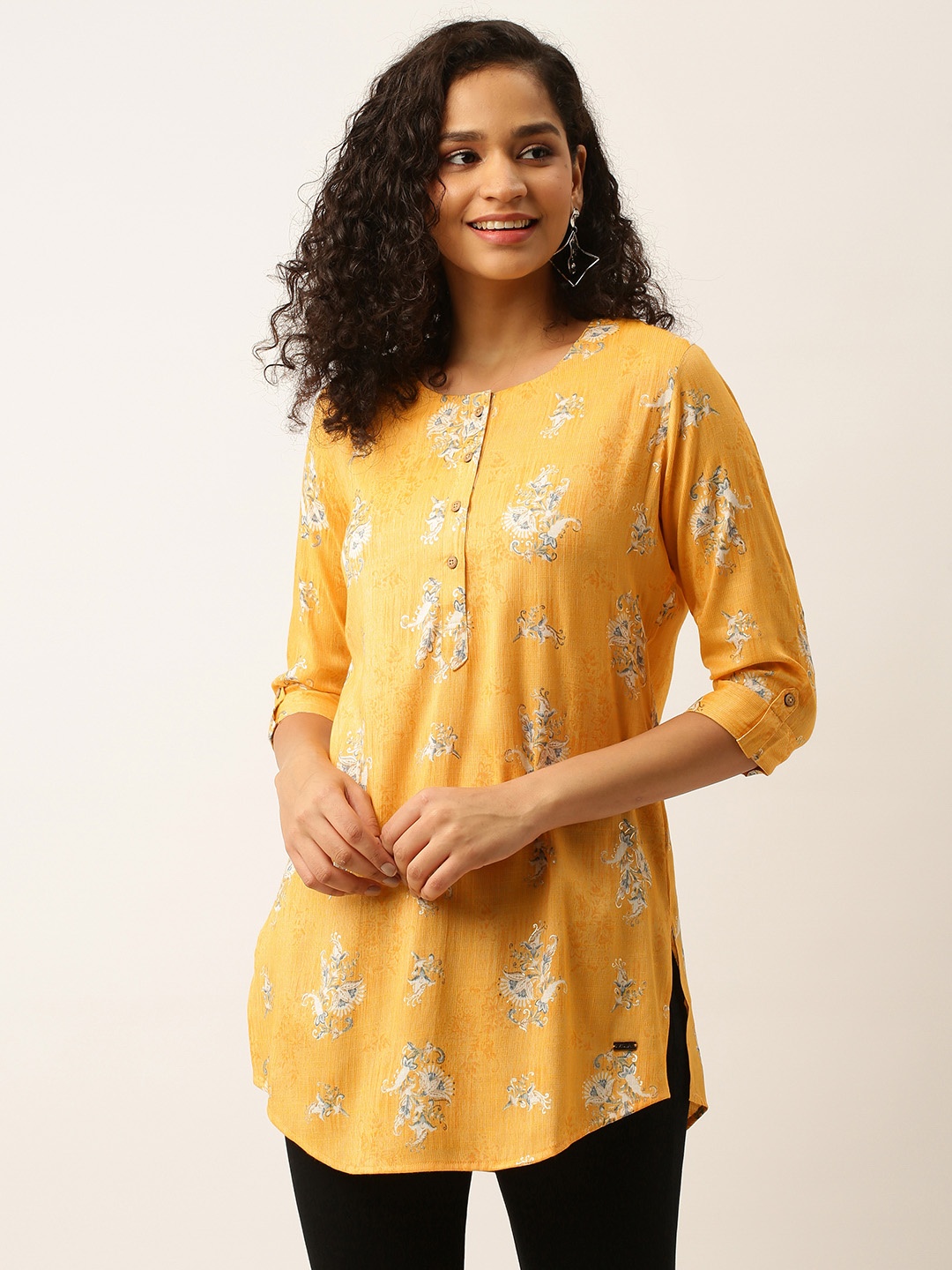 

ZOLA Viscose Rayon Mandarin Collar Printed Tunic, Yellow