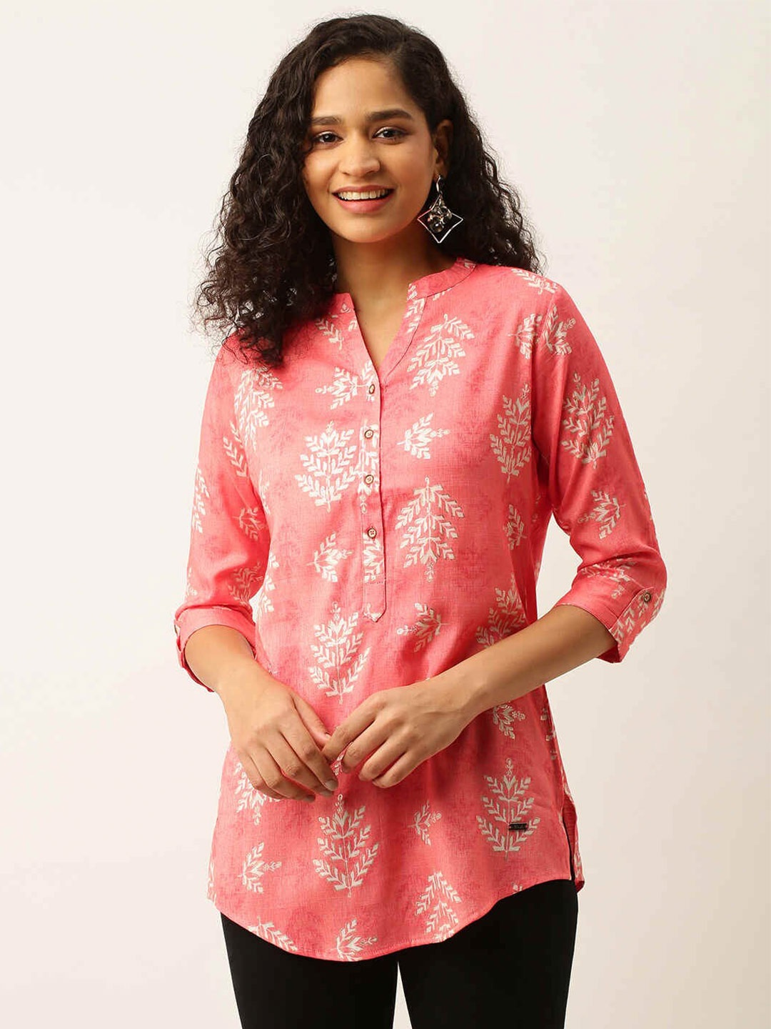 

ZOLA Viscose Rayon Mandarin Collar Printed Tunic, Pink
