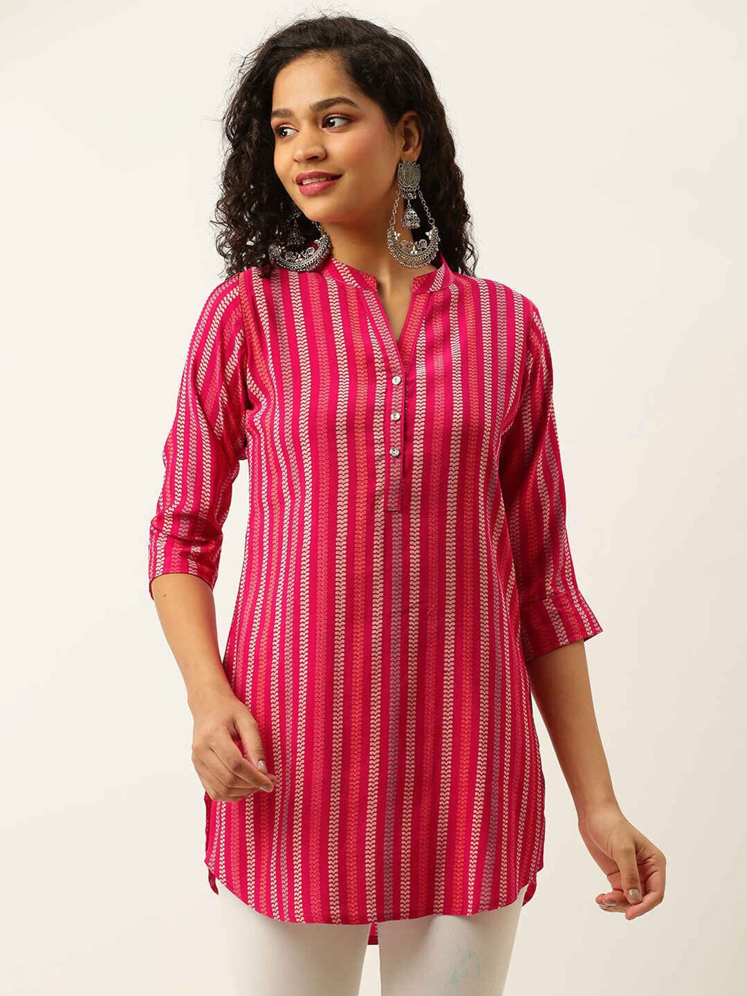 

ZOLA Viscose Rayon Mandarin Collar Printed Tunic, Pink