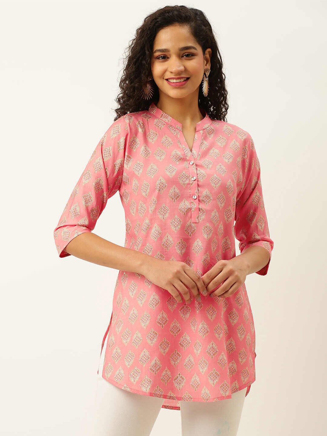 

ZOLA Mandarin Collar Printed Tunic, Pink
