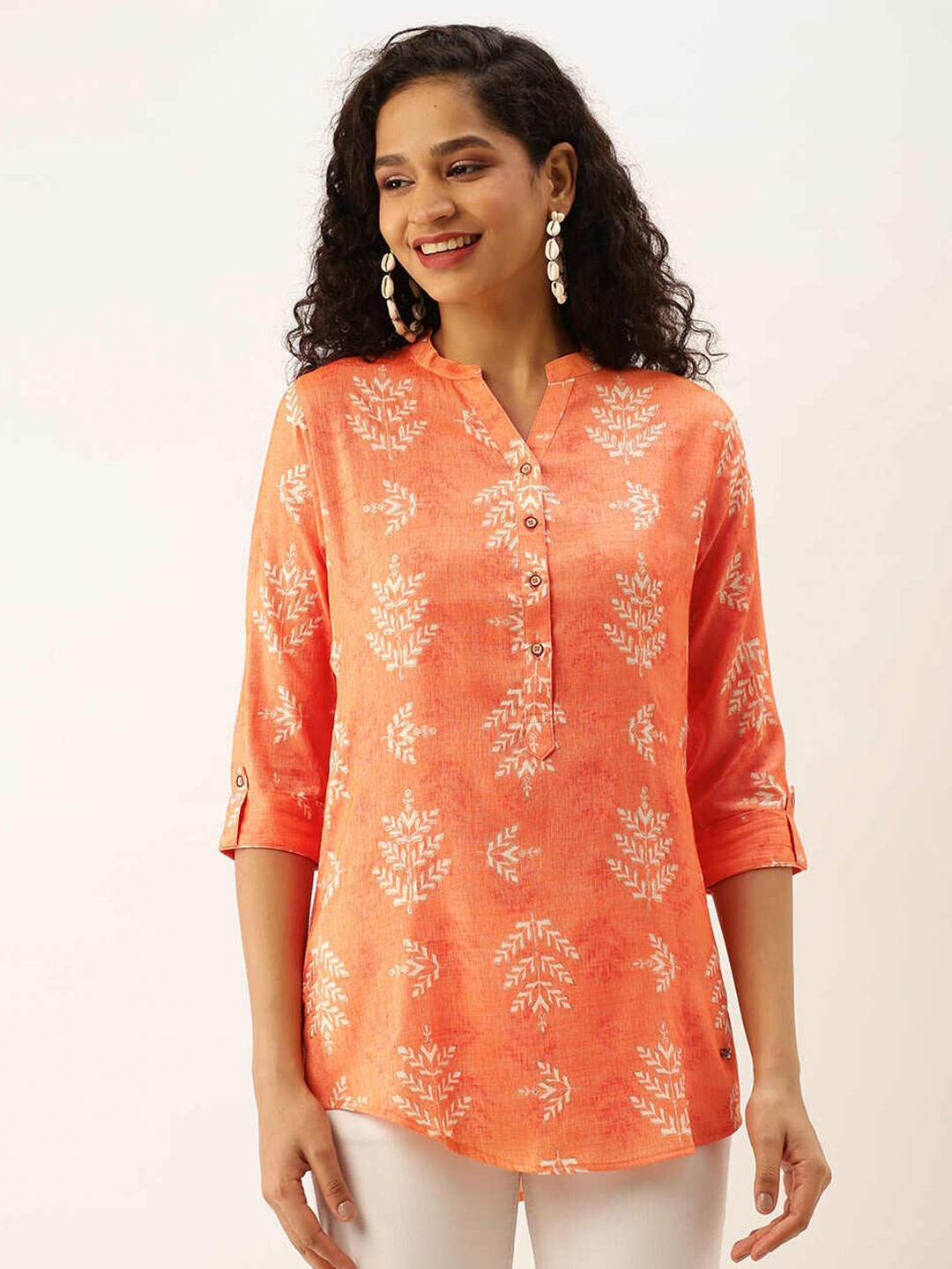 

ZOLA Viscose Rayon Mandarin Collar Printed Tunic, Orange