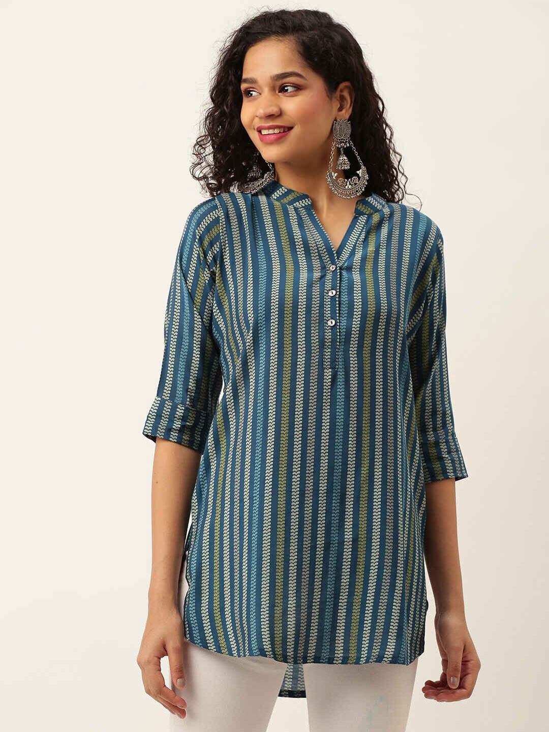 

ZOLA Mandarin Collar Striped Tunic, Teal