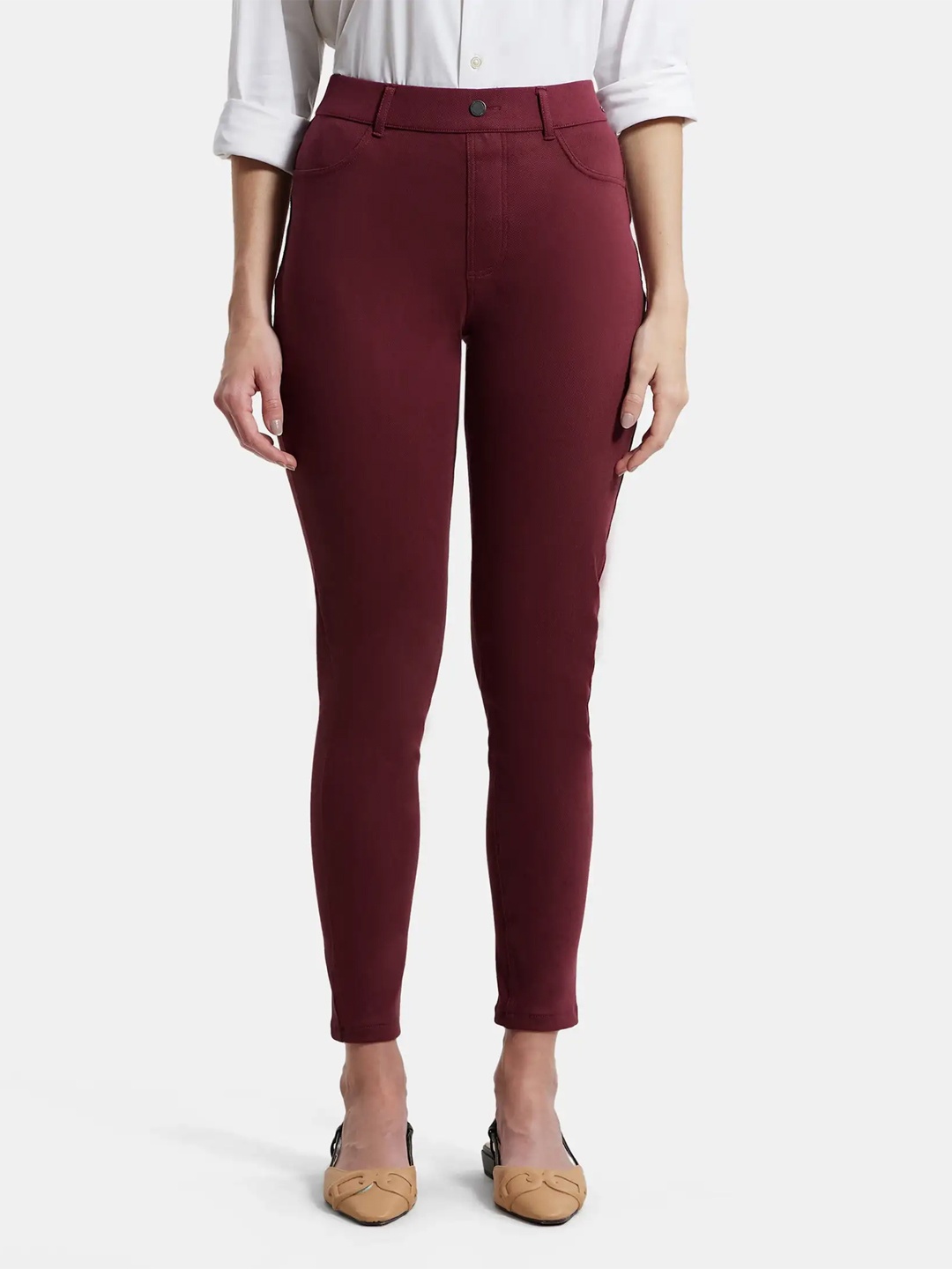 

Jockey Super Combed Cotton Rich Slim Fit Solid Jeggings With Pockets -IW16, Burgundy