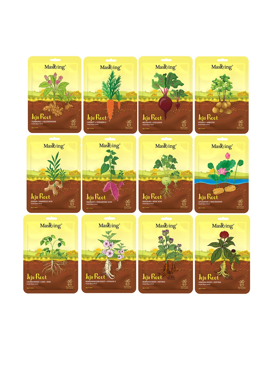 

MasKing Set Of 12 Jeju Root Facial Sheet Mask - 20 gm Each, Transparent