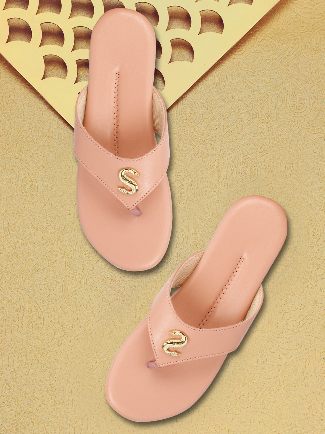 

sneakers villa Women Embellished T-Strap Flats, Peach