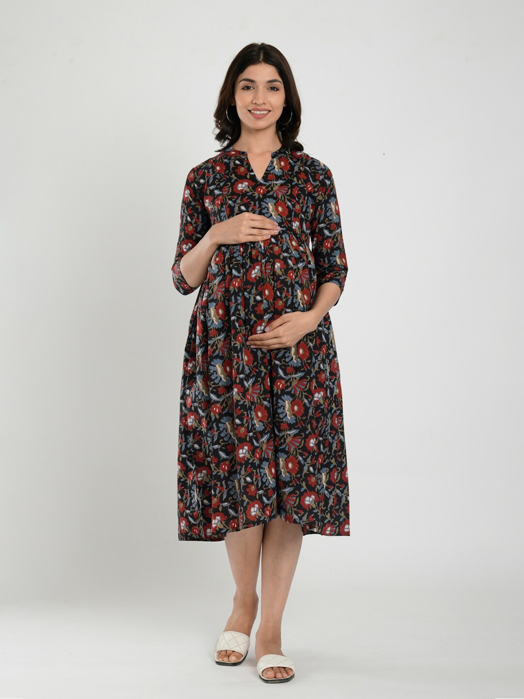 

CRAFIQA Floral Maternity Shirt Midi Pure Cotton Dress, Black