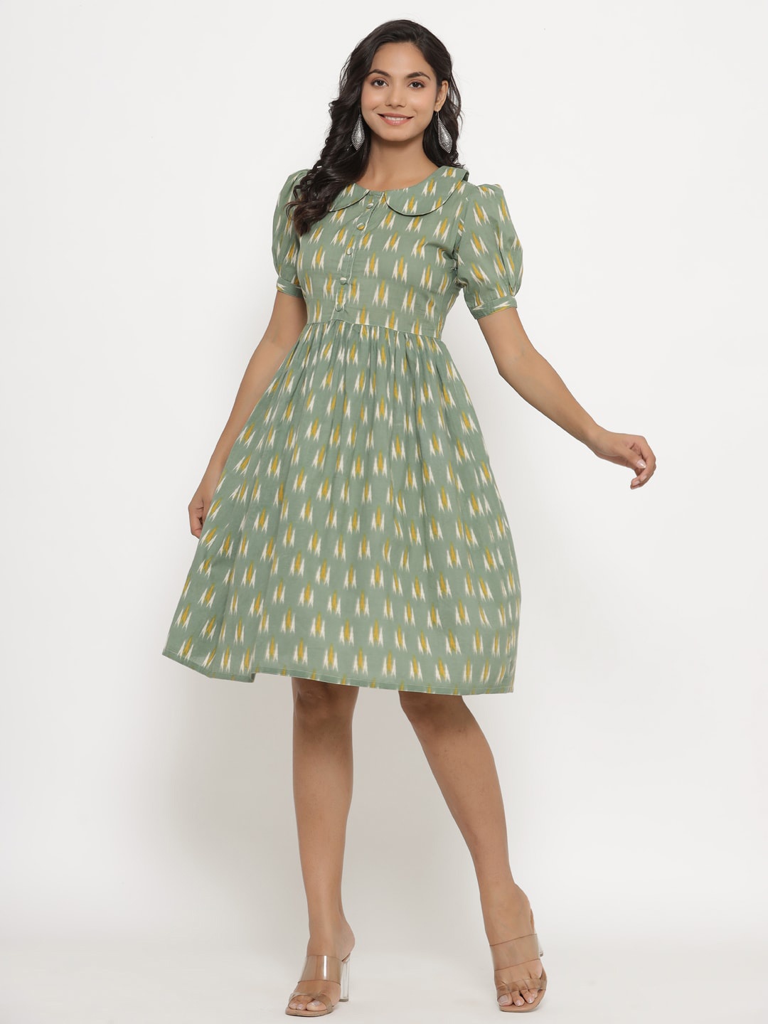 

CRAFIQA Peter Pan Collar Cotton Dress, Green