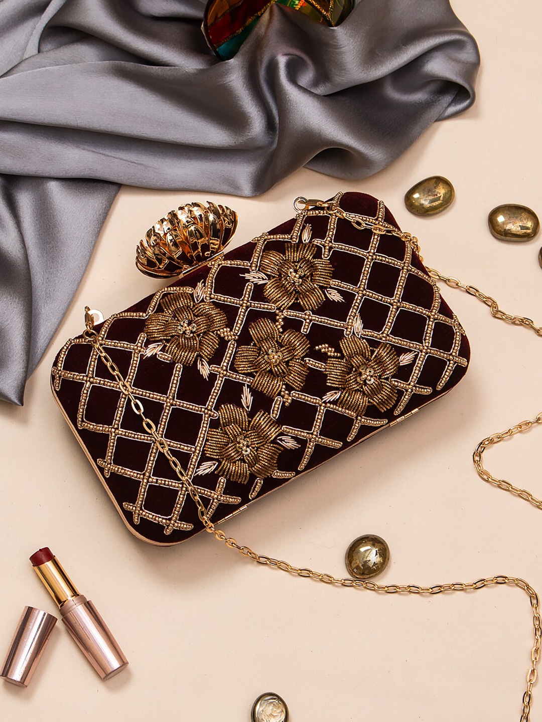 

Swisni Embellished Box Clutch, Maroon