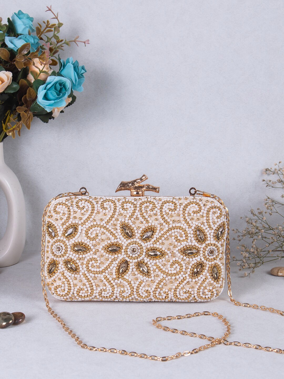 

Swisni Embellished Box Clutch, Beige