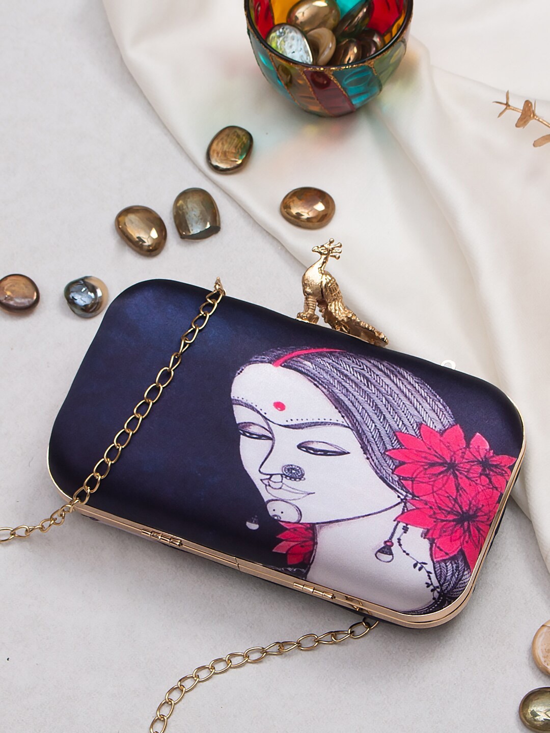 

Swisni Women Printed Box Clutch, Navy blue
