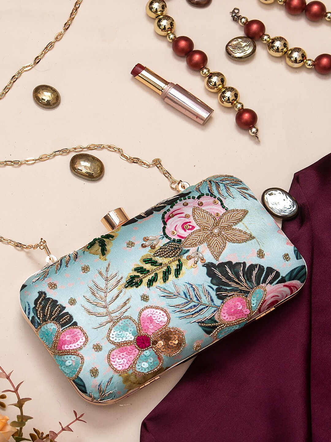 

Swisni Women Embroidered Box Clutch, Sea green