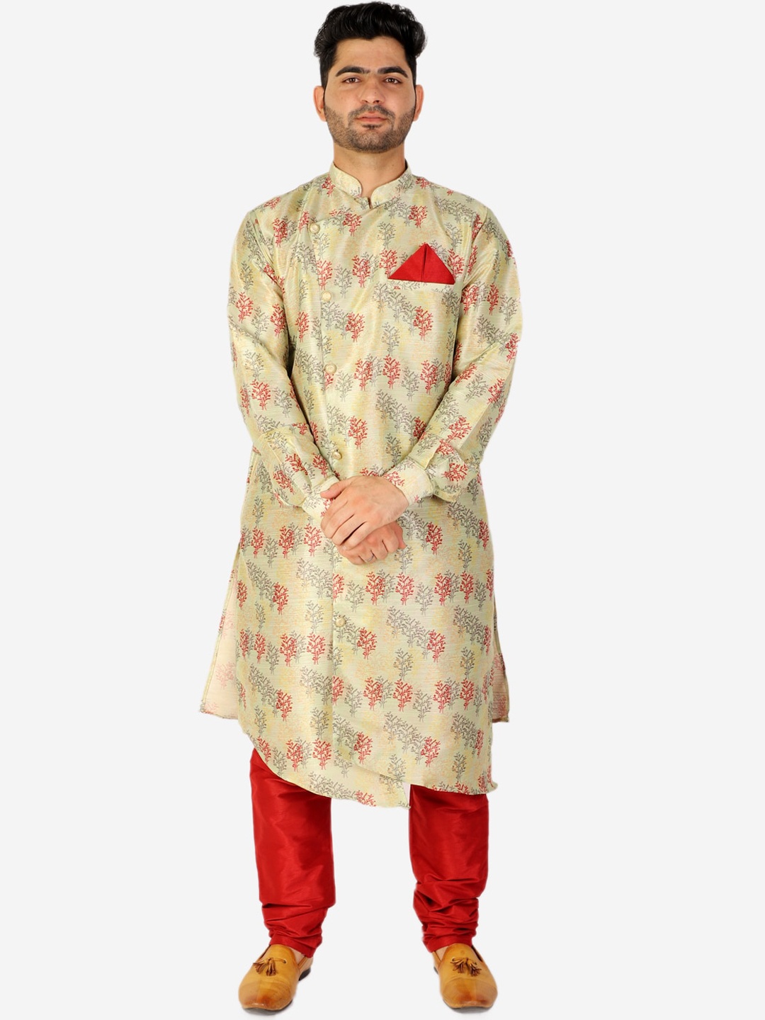 

Pro-Ethic STYLE DEVELOPER Men Floral Printed Pure Silk Kurta With Churidar, Green