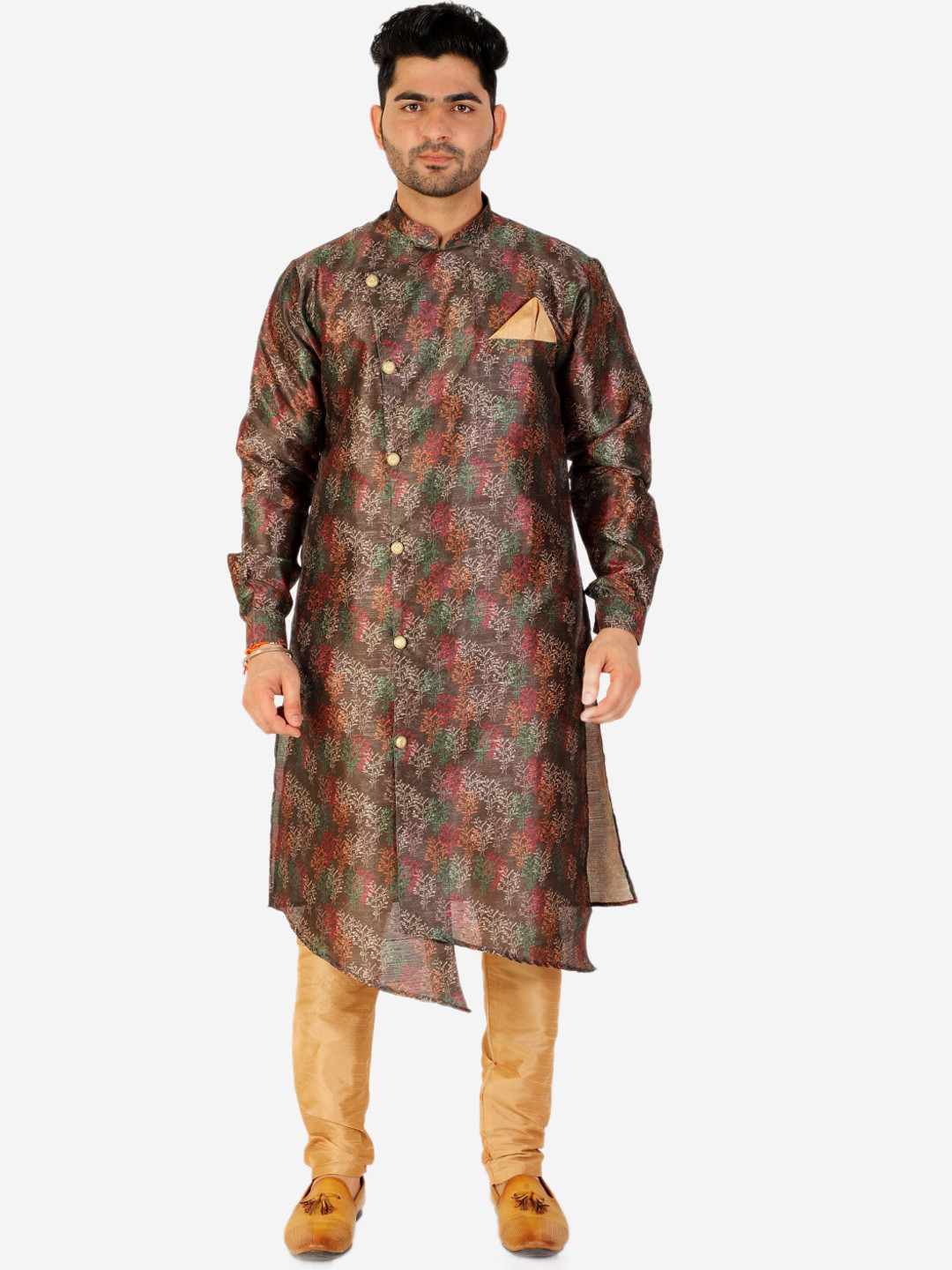 

Pro-Ethic STYLE DEVELOPER Men Floral Printed Angrakha Pure Silk Kurta with Churidar, Green
