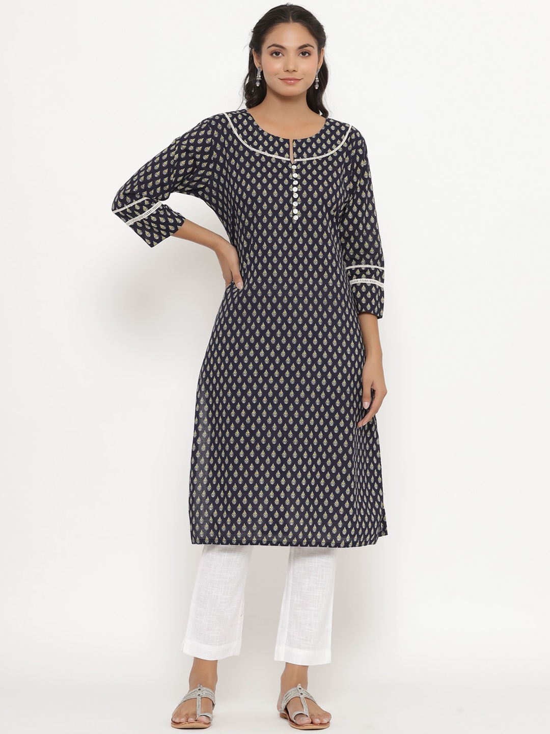 

CRAFIQA Floral Printed Pure Cotton Kurta with Trousers, Navy blue