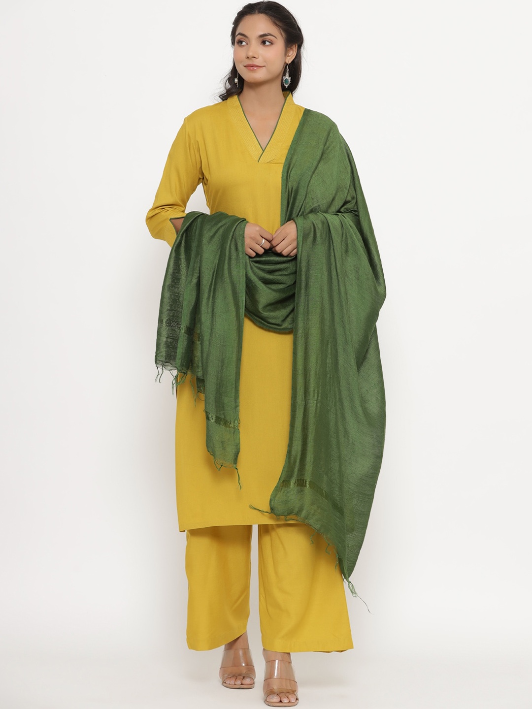 

CRAFIQA Women Solid Kurta with Palazzos & Dupatta, Mustard