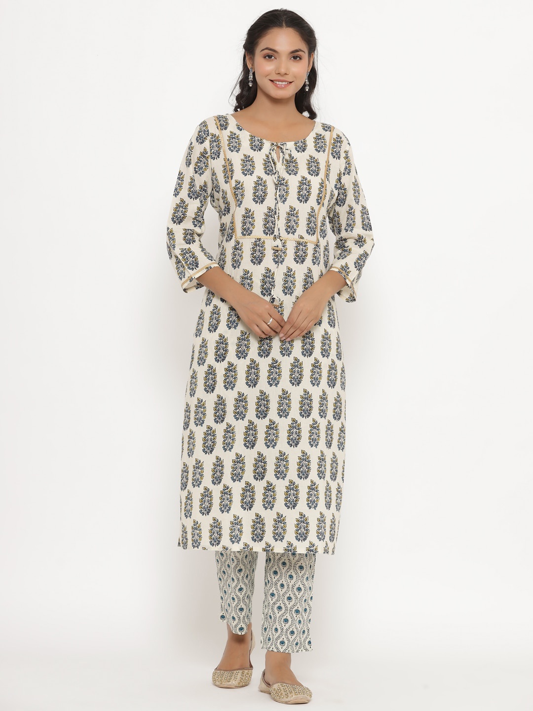 

CRAFIQA Women Floral Printed Pure Cotton Kurta with Trousers, Cream