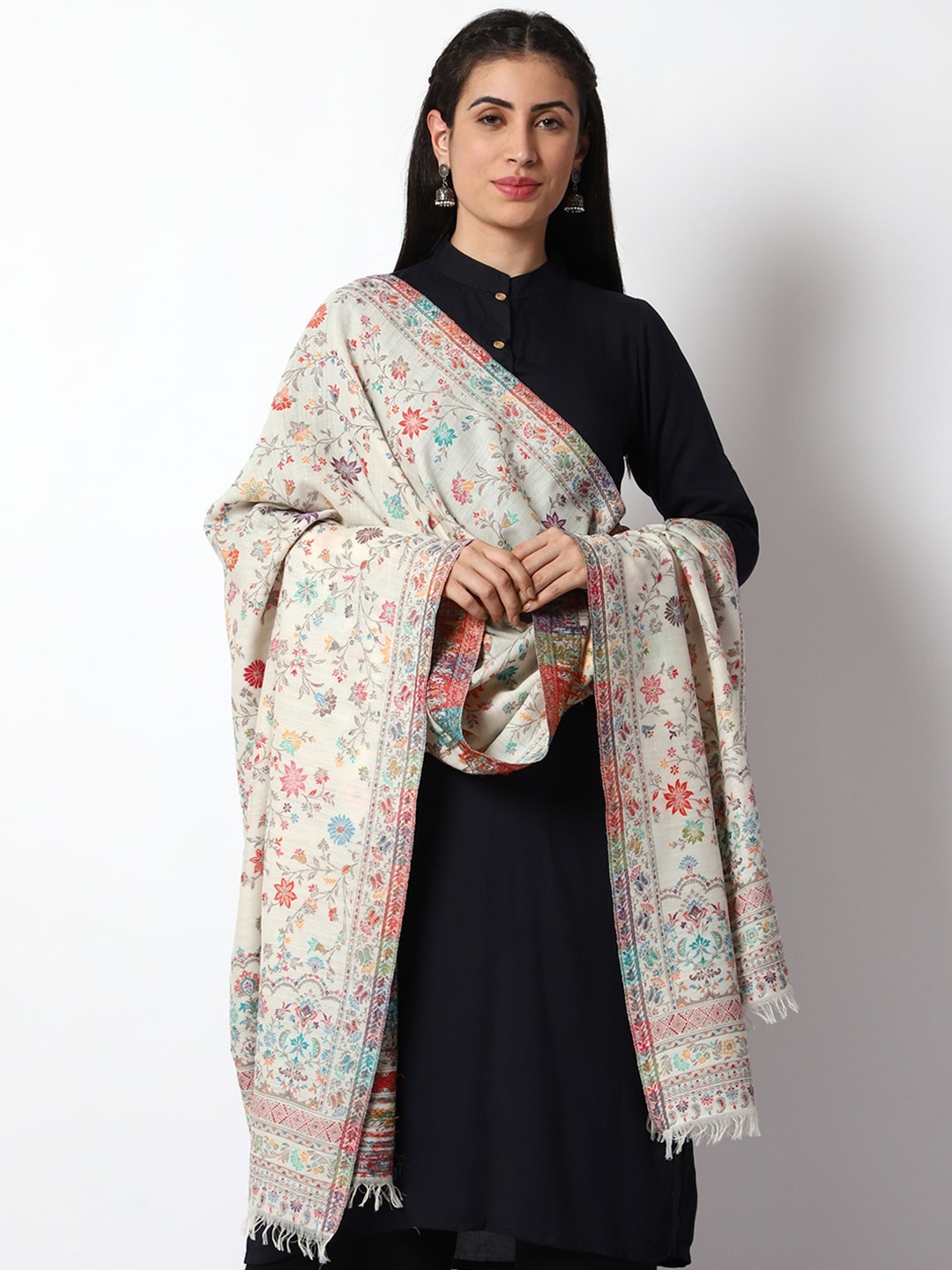 

WEAVERS VILLA Women Woven Design Shawl, White