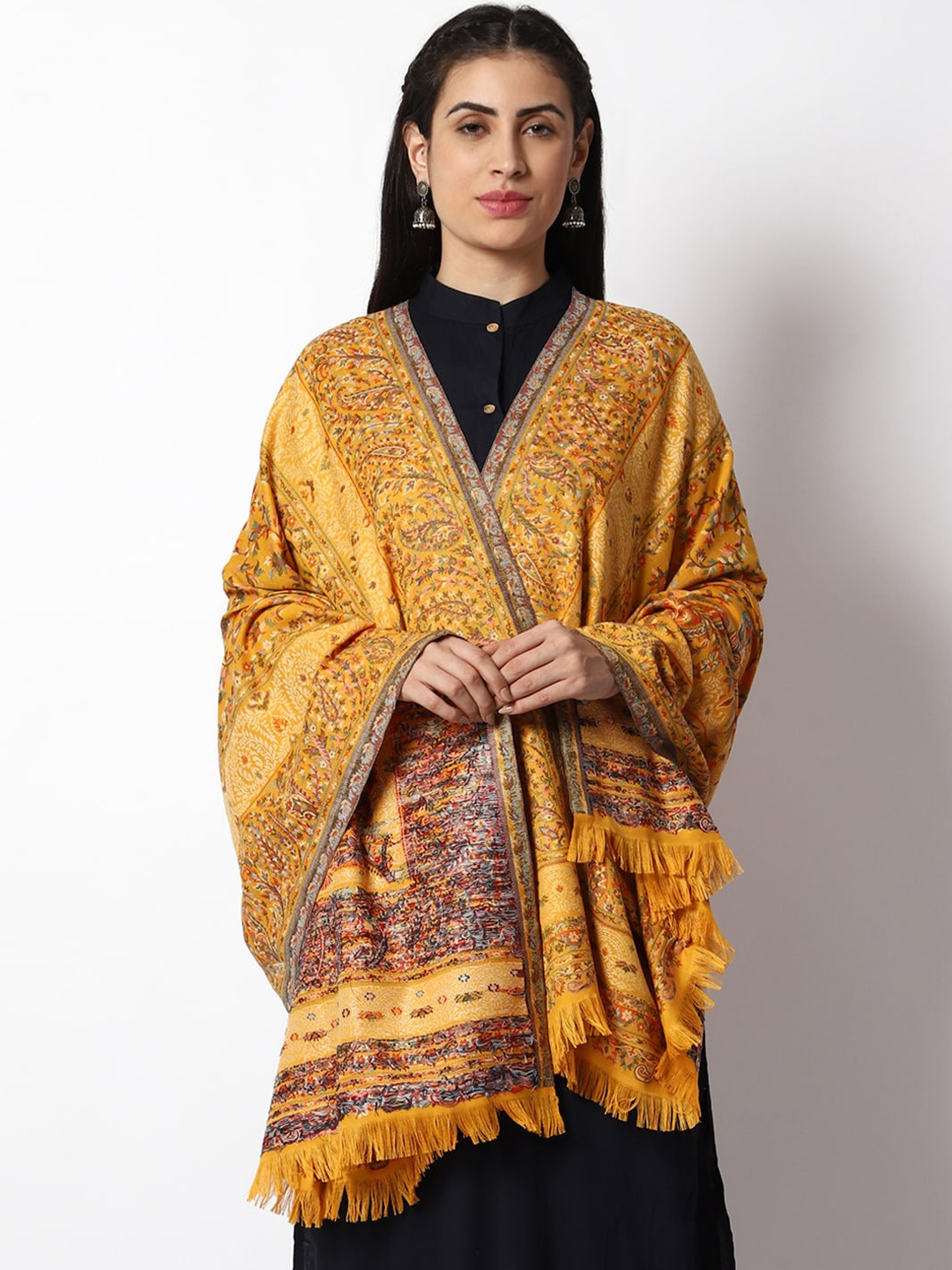 

WEAVERS VILLA Women Printed Shawl, Mustard