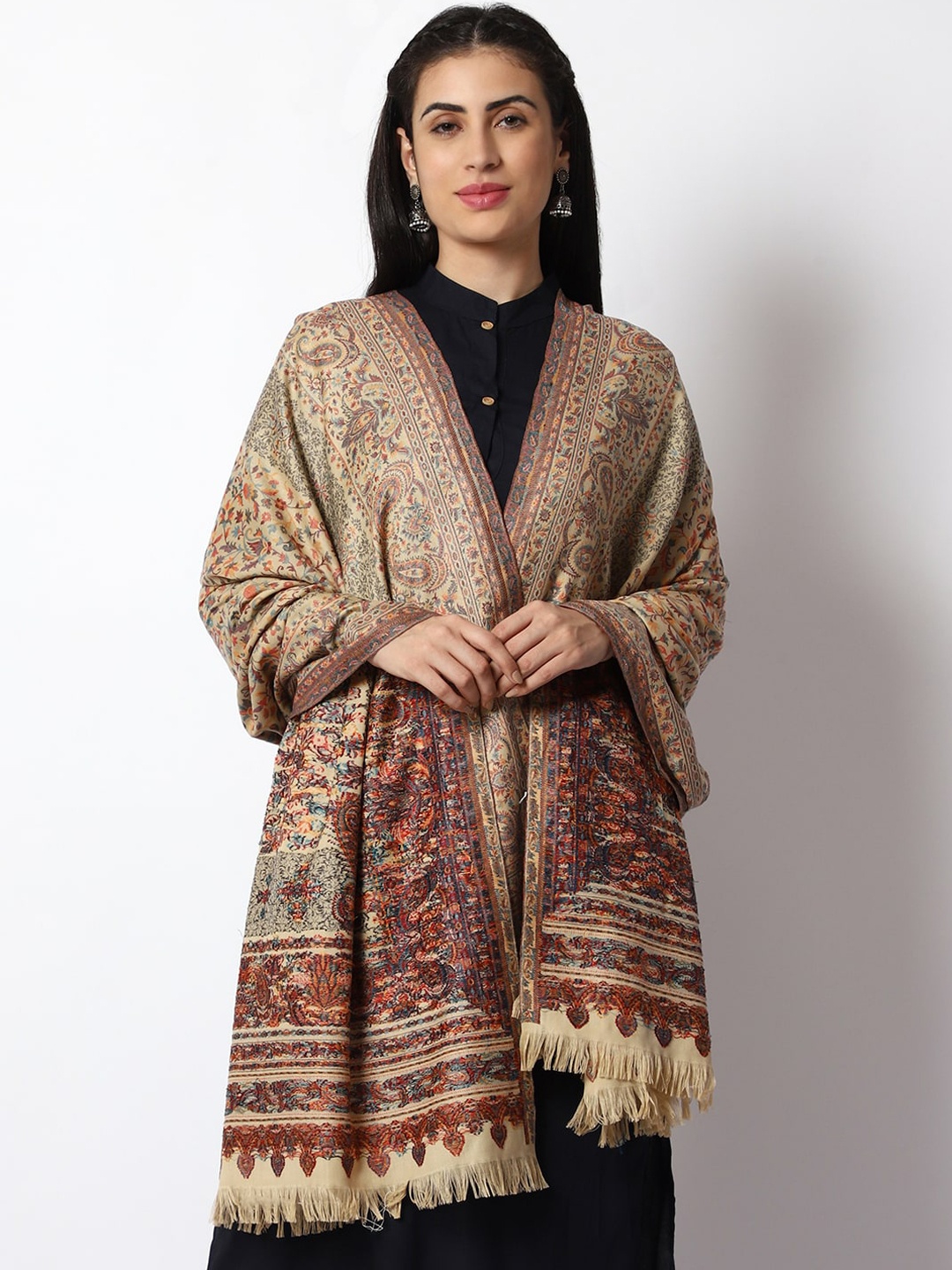 

WEAVERS VILLA Women Woven Design Shawl, Beige