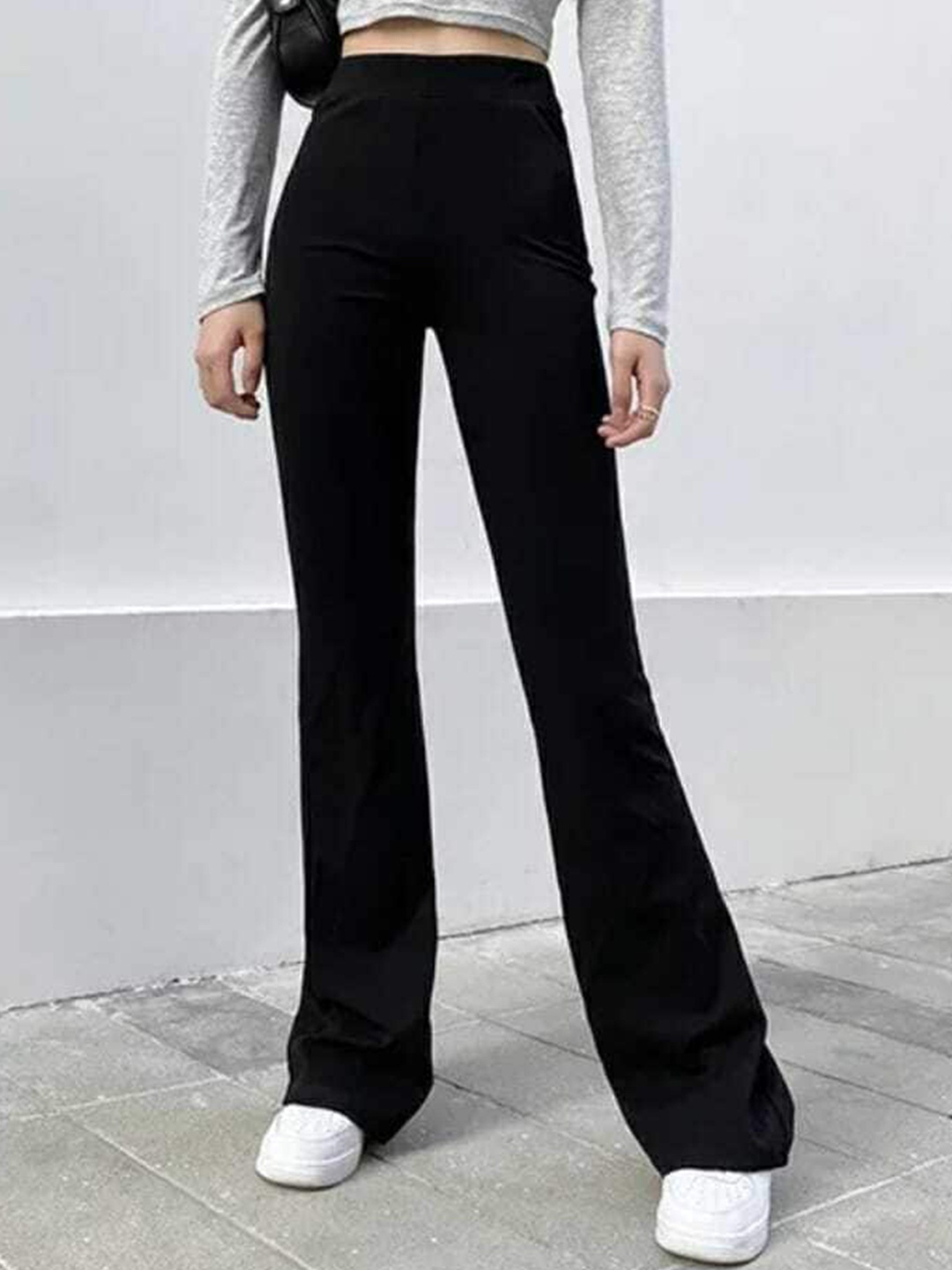 

BROADSTAR Women Relaxed Straight Leg Flared High-Rise Easy Wash Trousers, Black