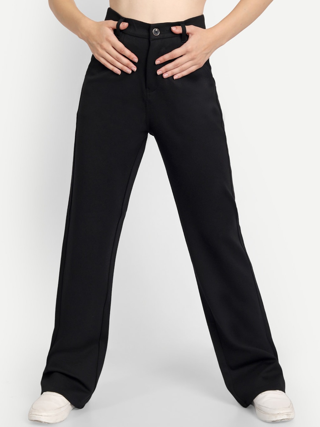 

BROADSTAR Women Relaxed Straight Leg Loose Fit High-Rise Easy Wash Chinos Trouser, Black