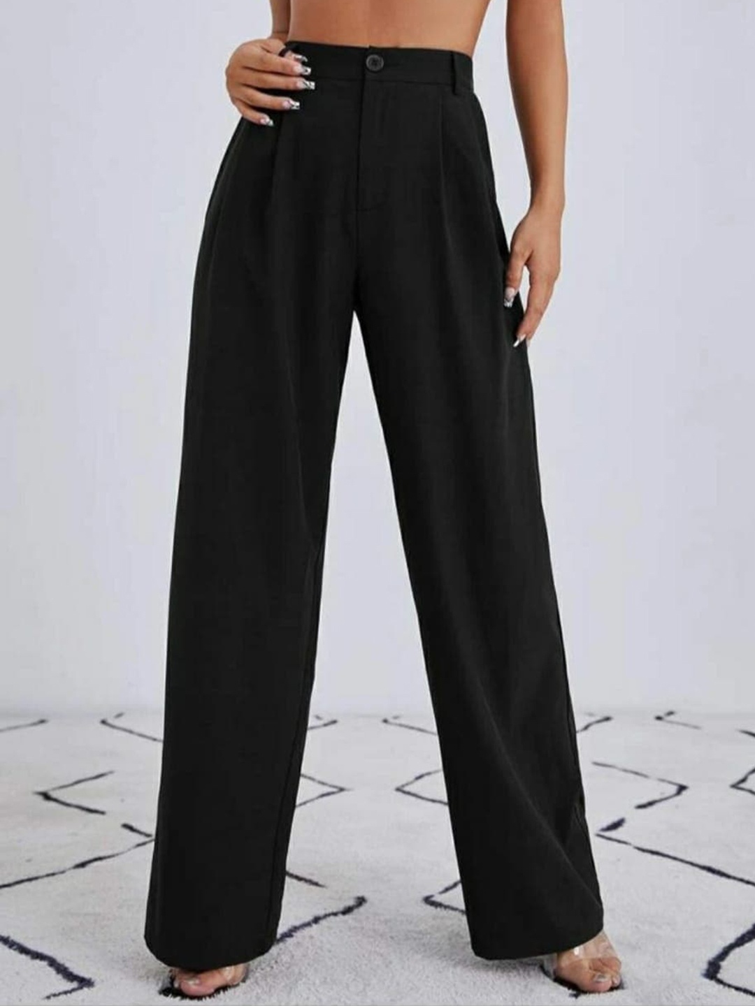 

Next One Women Relaxed Straight Leg Loose Fit High-Rise Easy Wash Trousers, Black