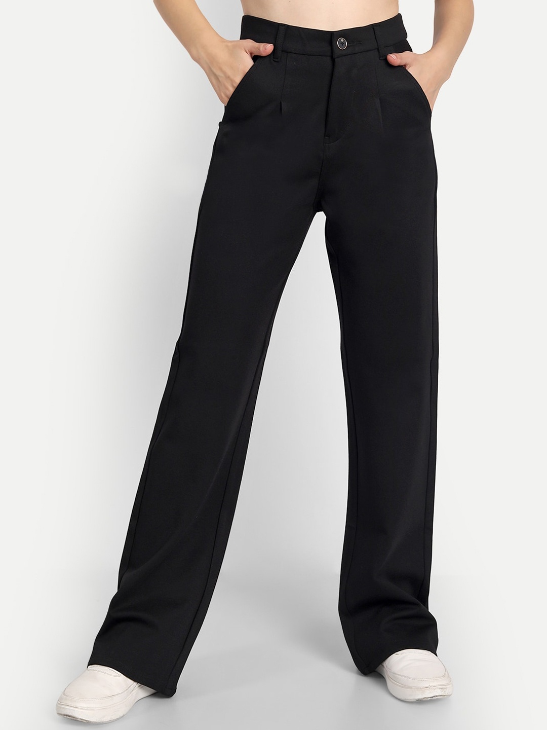 

Next One Women Cotton Relaxed Straight Leg Loose Fit High-Rise Easy Wash Pleated Trousers, Black