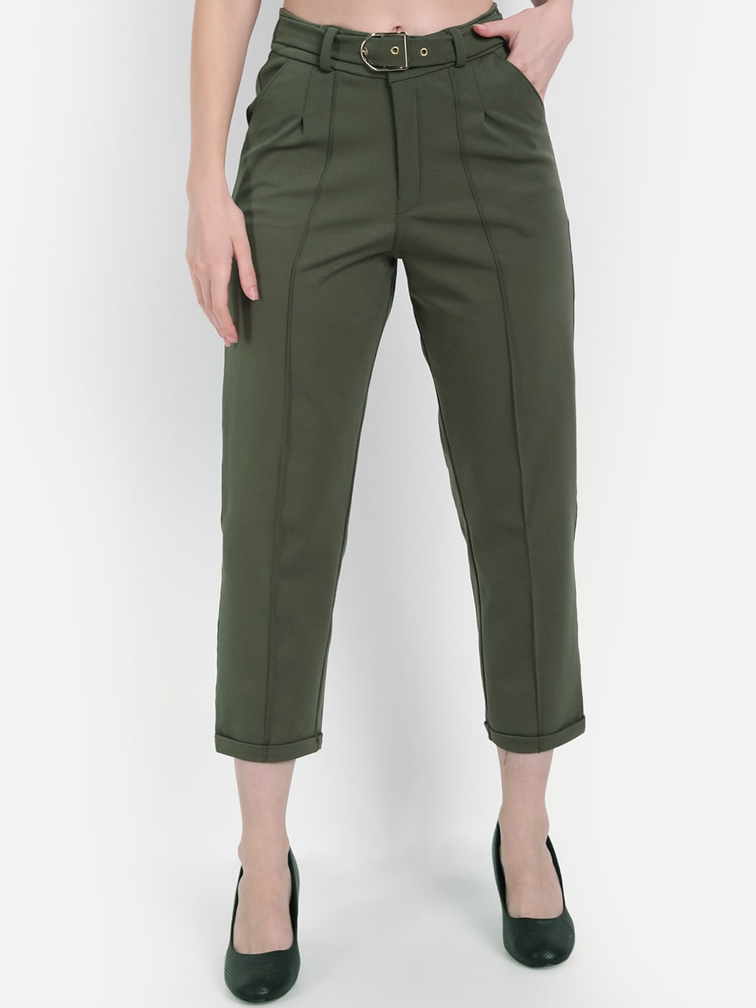 

Next One Women Relaxed Straight Leg Loose Fit High-Rise Easy Wash Trousers, Green
