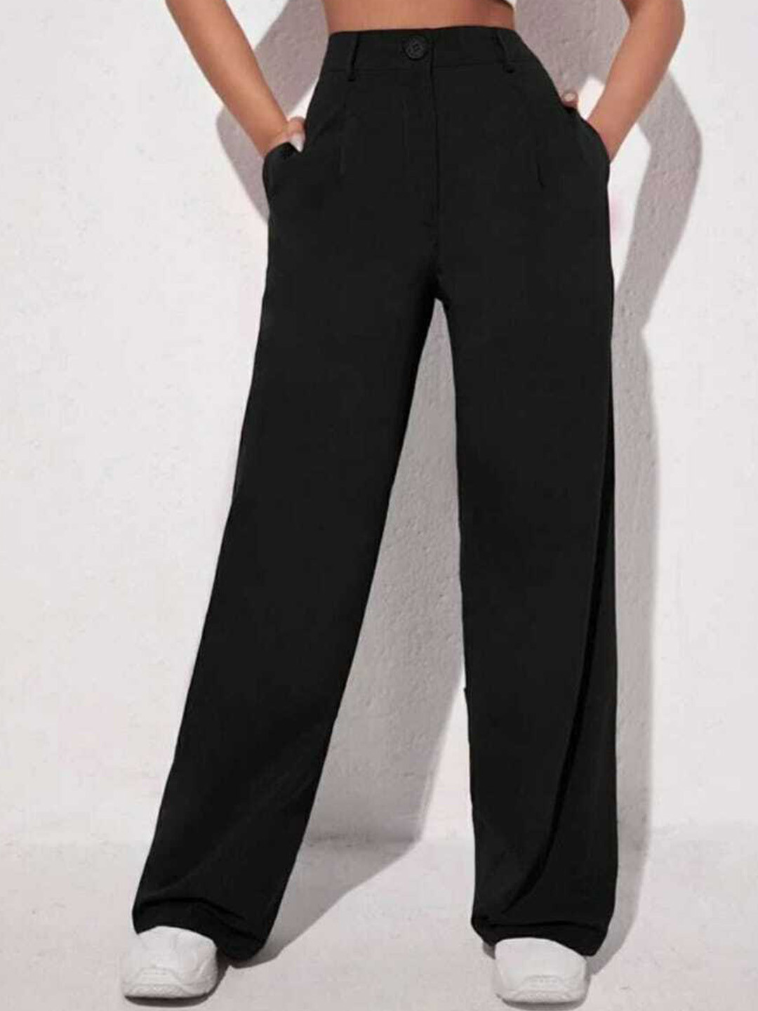 

Next One Women Relaxed Straight Leg Loose Fit High-Rise Easy Wash Pleated Trousers, Black