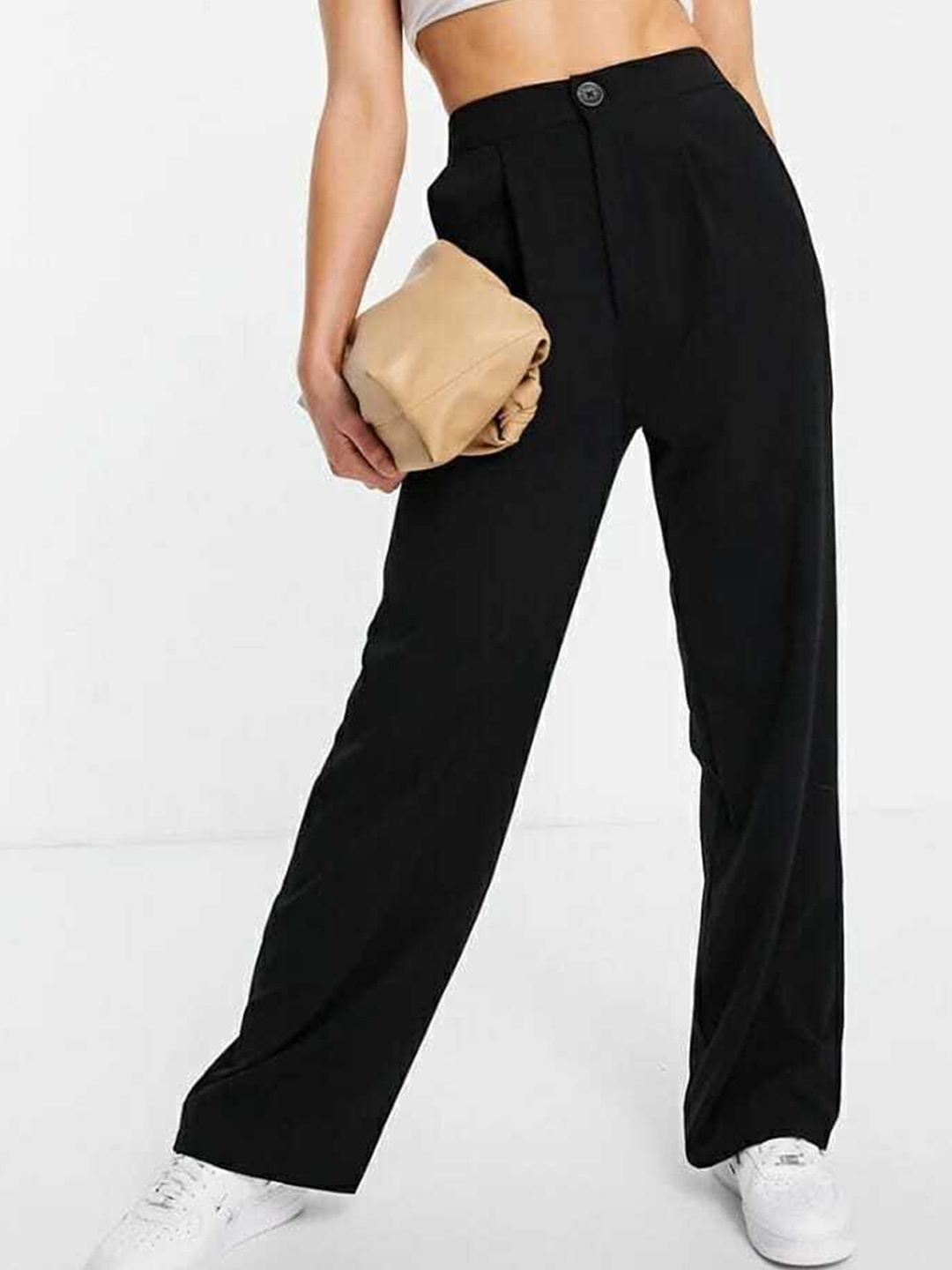 

Next One Women Relaxed Straight Leg Loose Fit High-Rise Easy Wash Pleated Trousers, Black