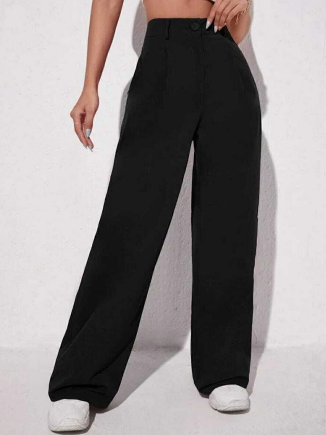 

Next One Women Relaxed Straight Leg Loose Fit High-Rise Easy Wash Pleated Trousers, Black