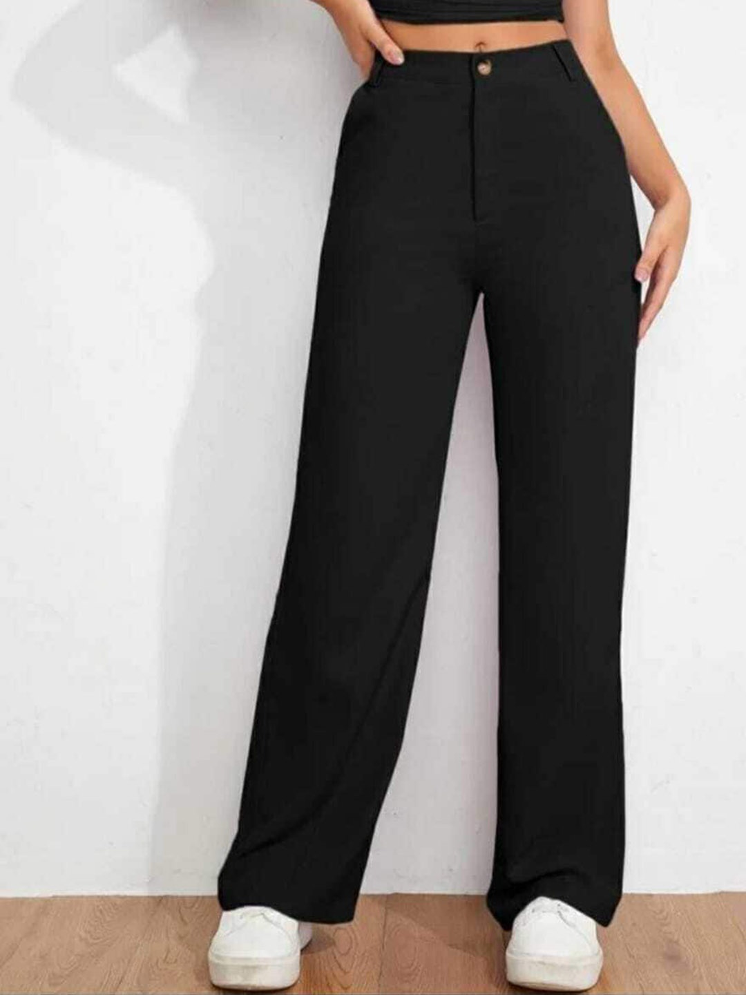 

Next One Women Relaxed Straight Leg Loose Fit High-Rise Easy Wash Trousers, Black