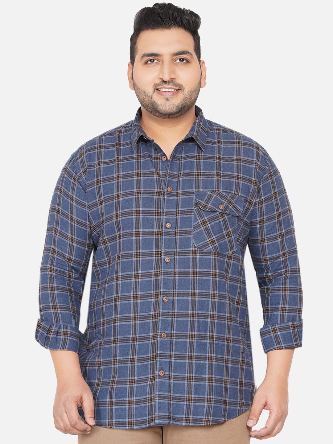 

John Pride Men Plus Size Checked Casual Cotton Shirt, Blue