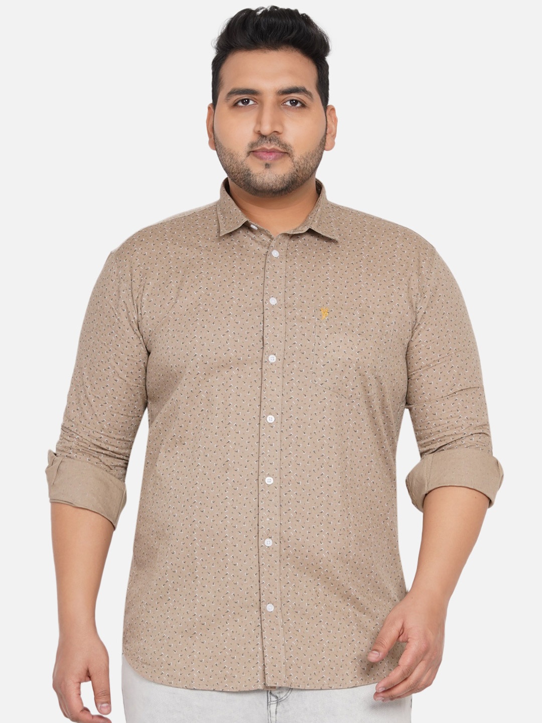 

John Pride Men Plus size Printed Casual Cotton Shirt, Beige