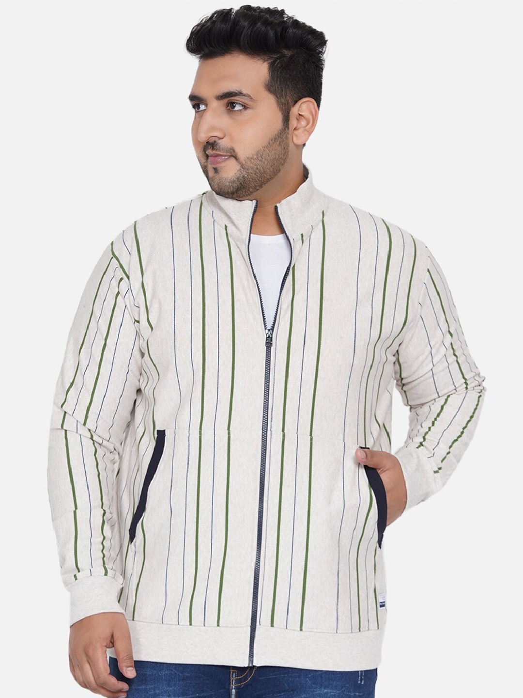 

John Pride Men Plus Size Striped Fleece Sweatshirt, Grey melange
