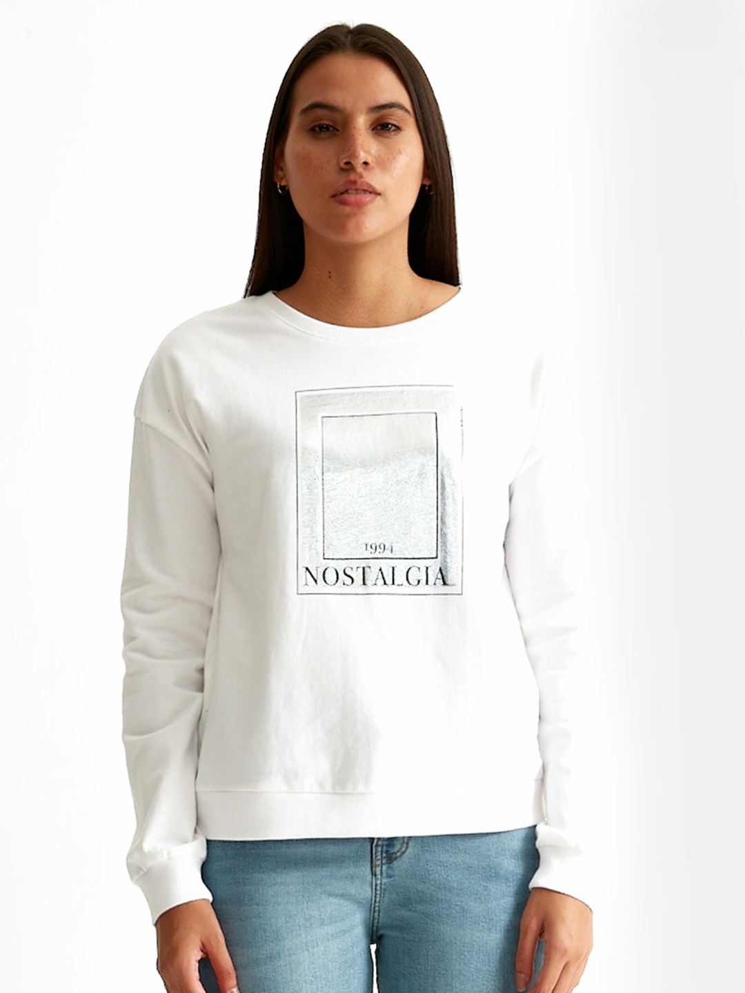 

COVER STORY Women Printed Cotton Round Neck Long Sleeves Sweatshirt, White