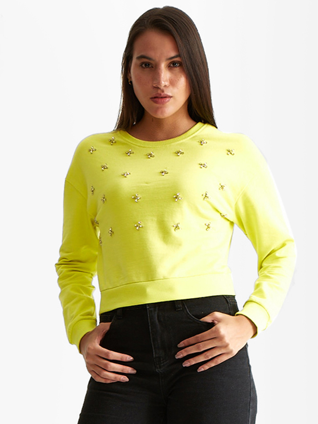 

COVER STORY Women Embellished Cotton Round Neck Sweatshirt, Lime green