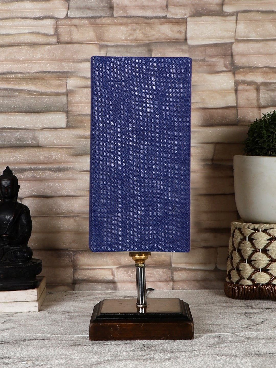 

Devansh Blue Jute Table Lamp With Square Wood Base