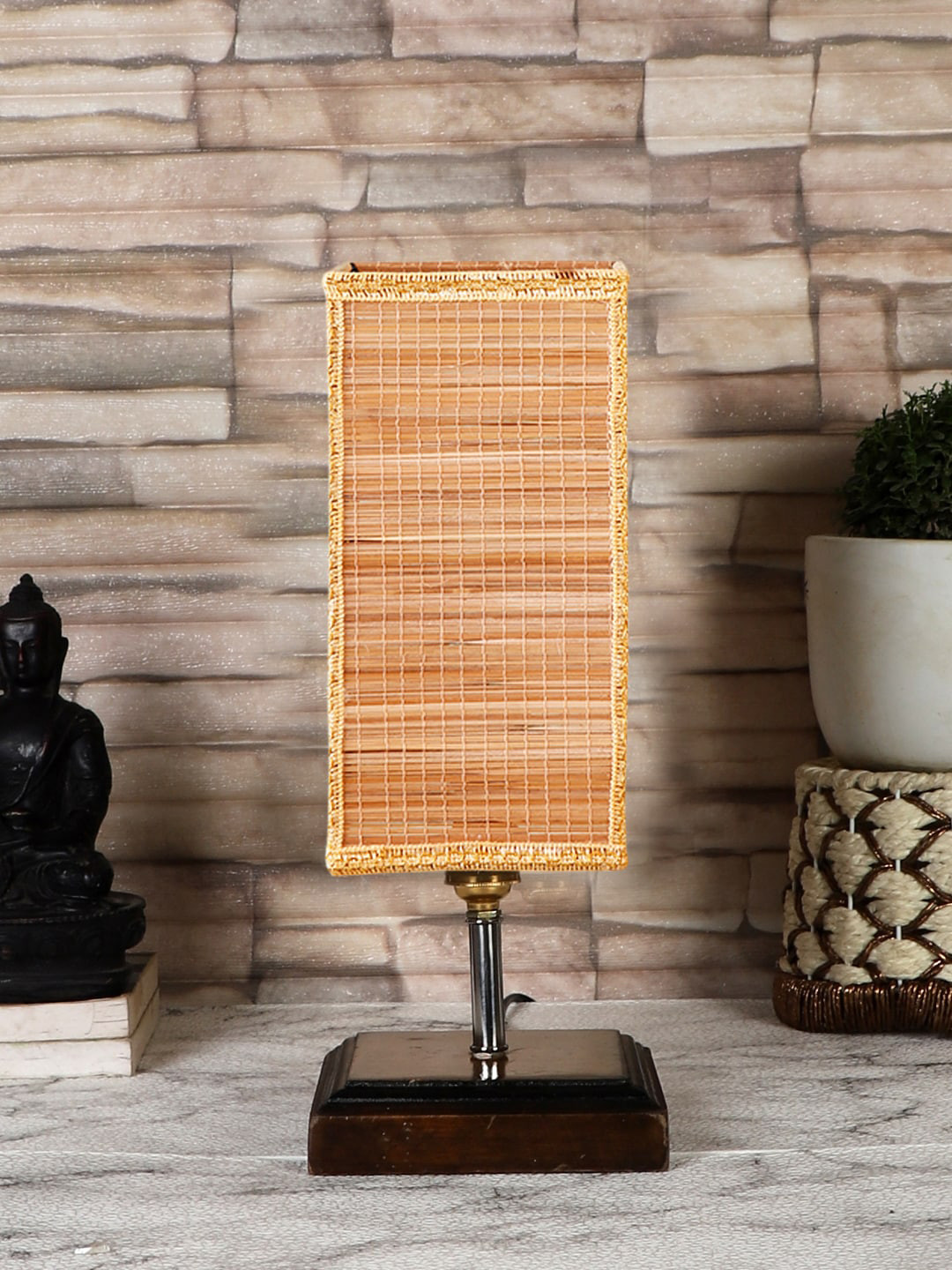 

Devansh Beige & Brown Bamboo Square Table Lamp With Wood Base