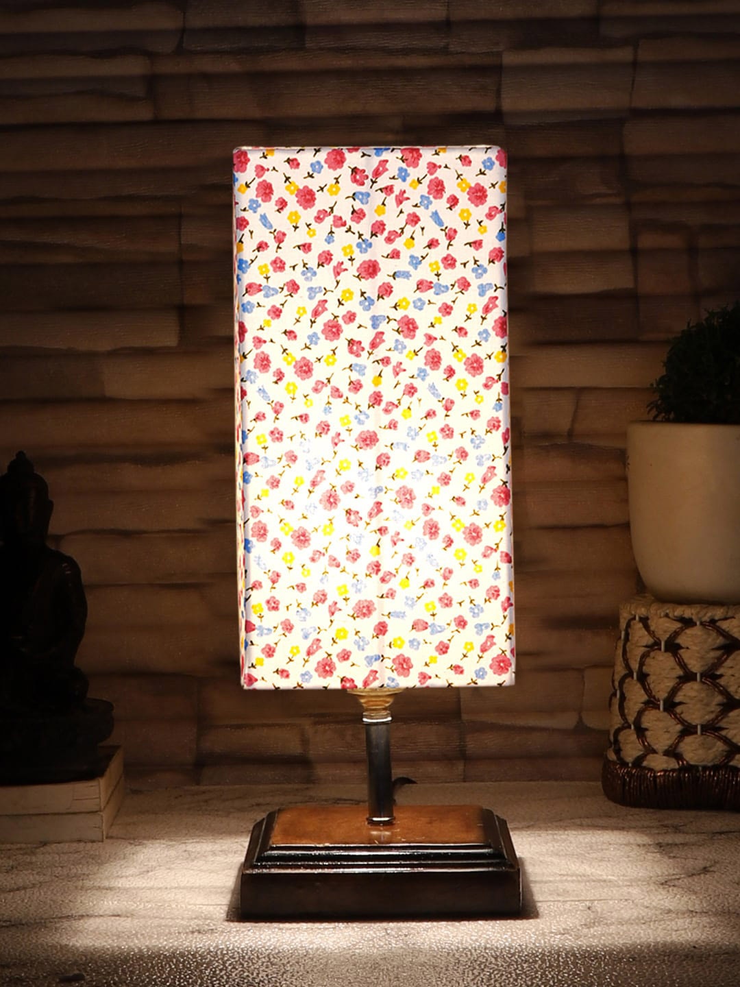 

Devansh White & Brown Printed Cotton Square Table Lamp With Wood Base