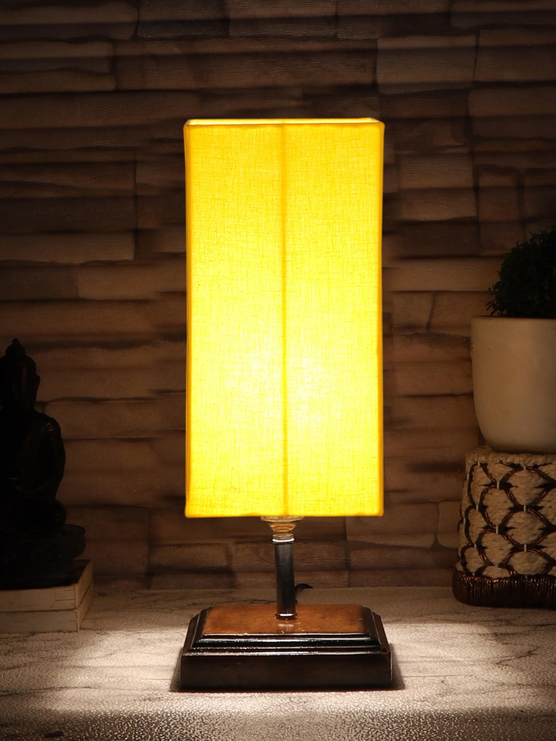 

Devansh Yellow & Brown Cotton Table Lamp With Wood Base