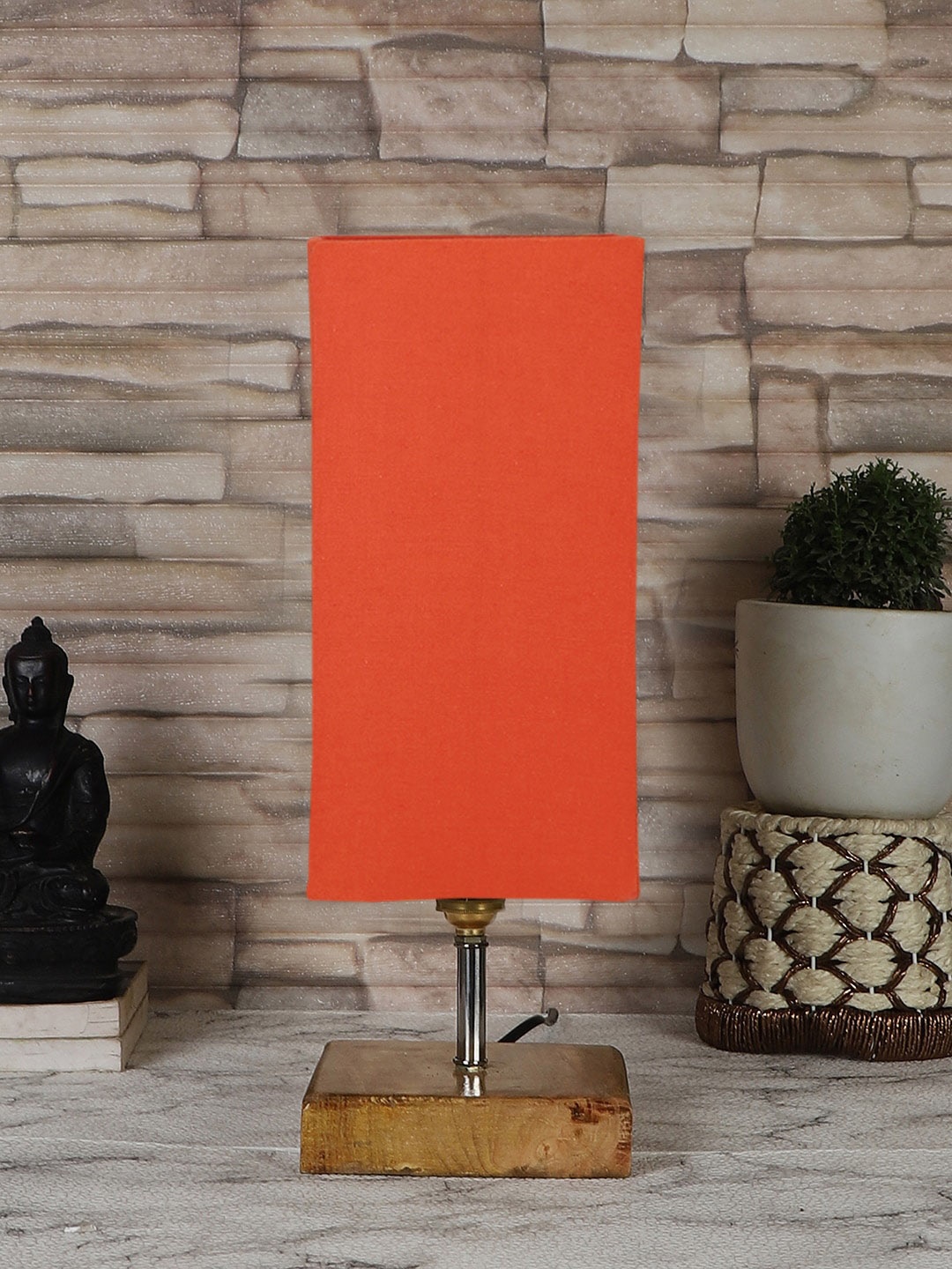 

Devansh Orange Coloured & Brown Cotton Table Lamp With Square Wood Base