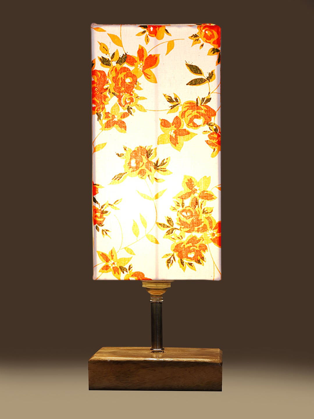 

Devansh White & Orange Coloured Printed Cotton Square Table Lamp With Wood Base