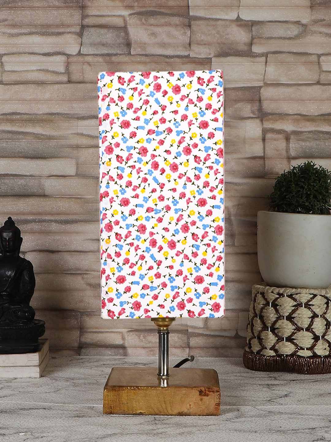 

Devansh White & Brown Printed Cotton Square Table Lamp With Wood Base