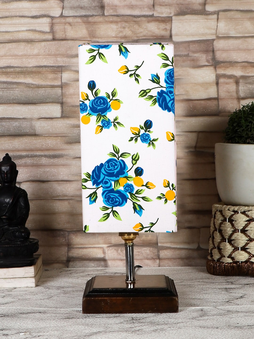Devansh White & Blue Printed Cotton Square Table Lamp With Wood Base