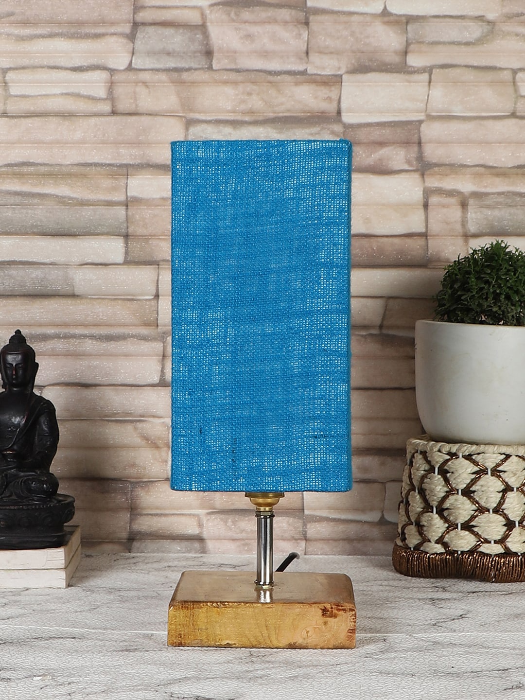 

Devansh Turquoise Blue Square Jute Table Lamp With Natural Wood Base