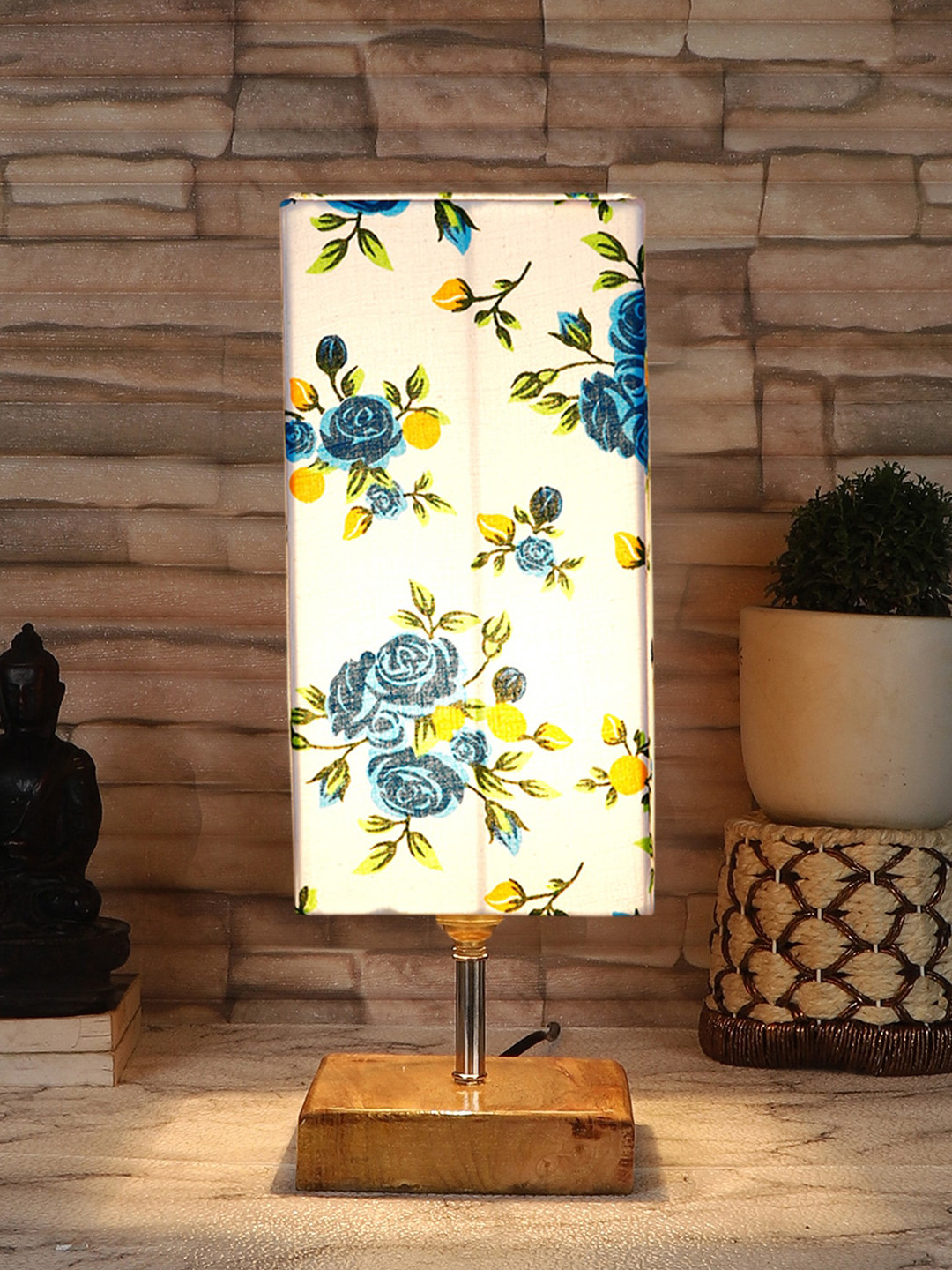 

Devansh White & Brown Printed Cotton Table Lamp With Square Wood Base